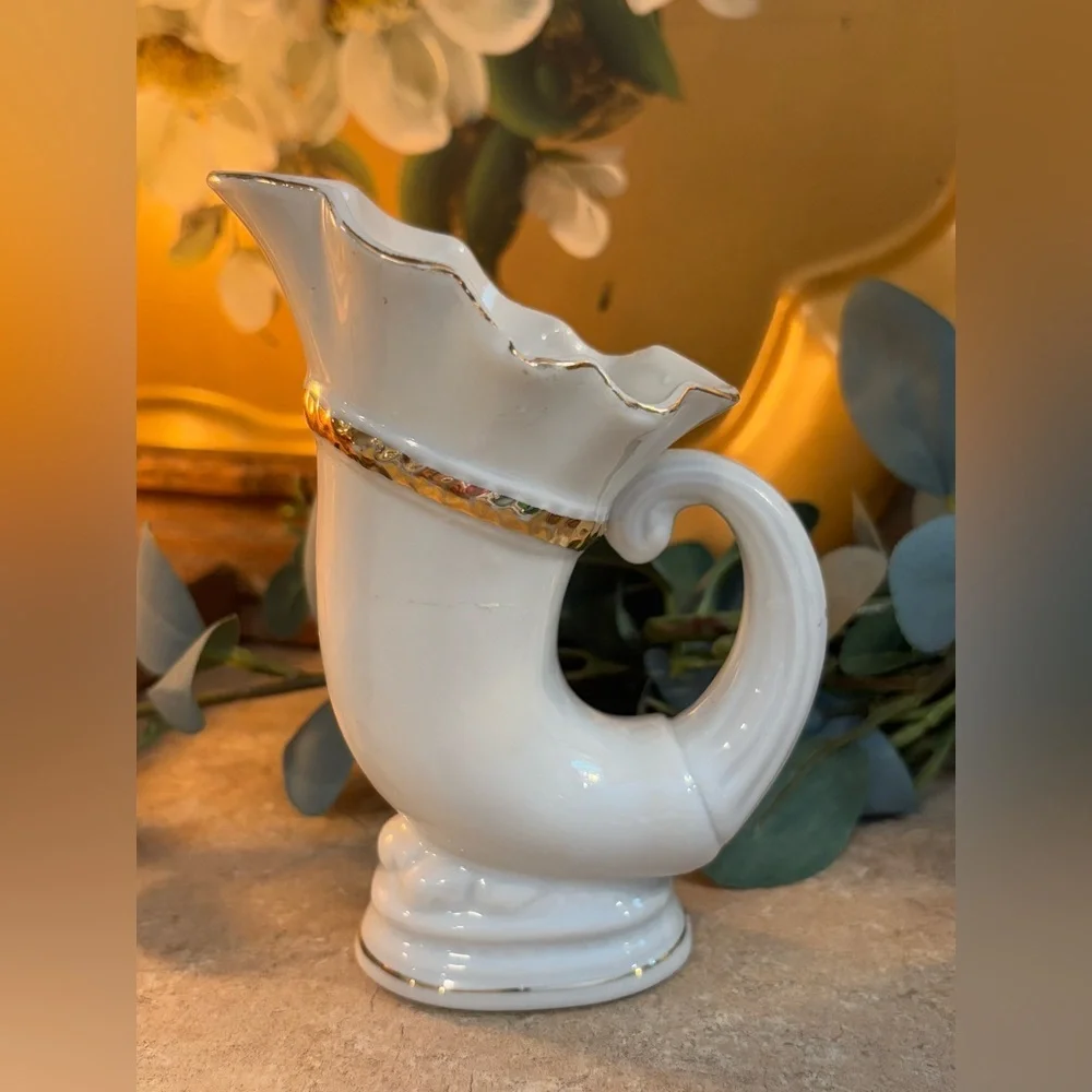 Gold Castle Vintage White Porcelain Cornucopia Horn Vase with Gold Accent Japan